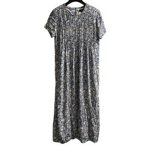 Vintage Teddi Dress Women 16 Blue Micro Floral Pleated Maxi Cottagecore Prairie